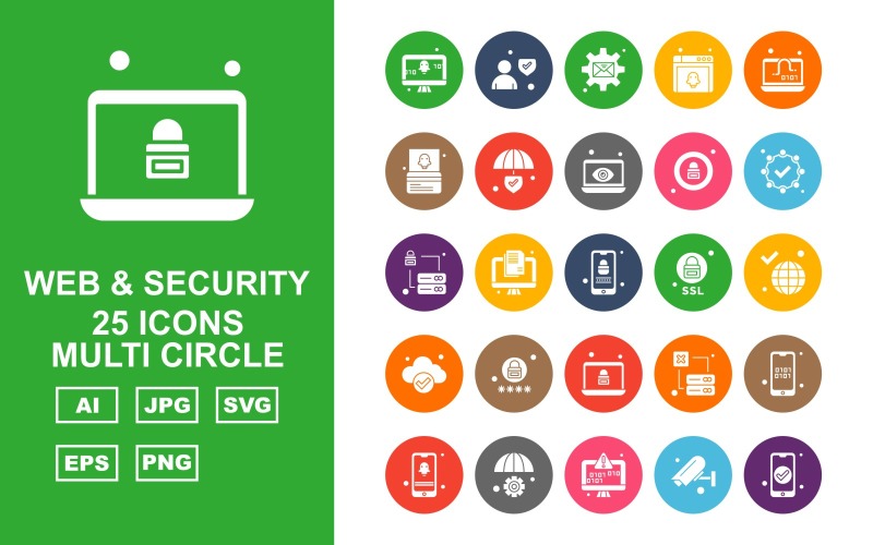 Набор из 25 значков Premium Web и Security Multi Circle