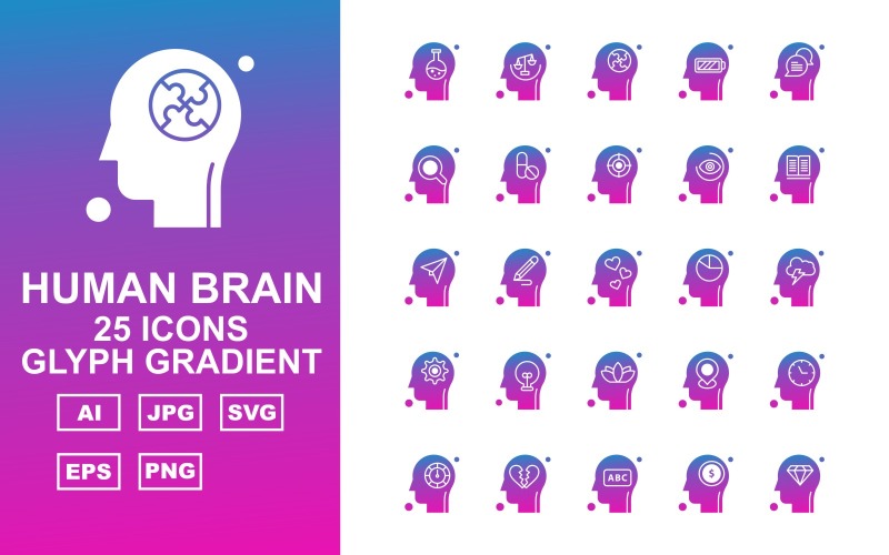 Download Набор иконок "25 Premium Human Brain Glyph Gradient Icon Set" / 25 Premium Human Brain Glyph Gradient Icon Set - Набор иконок на тему medical setting,bulb,flower,test tube,pencil,location,clock,speed meter,heart broken,abc,dollar sign,diamond,balance,puzzle,mobile battery,chat,find,medicine,swimming tube,eye