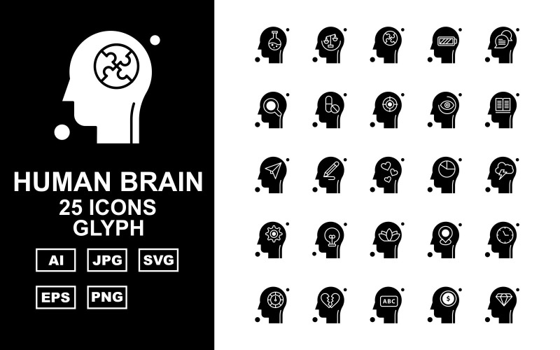 Download Набор иконок "25 Premium Human Brain Glyph Icon Set" / 25 Premium Human Brain Glyph Icon Set - Набор иконок на тему medical setting,bulb,flower,test tube,pencil,location,clock,speed meter,heart broken,abc,dollar sign,diamond,balance,puzzle,mobile battery,chat,find,medicine,swimming tube,eye