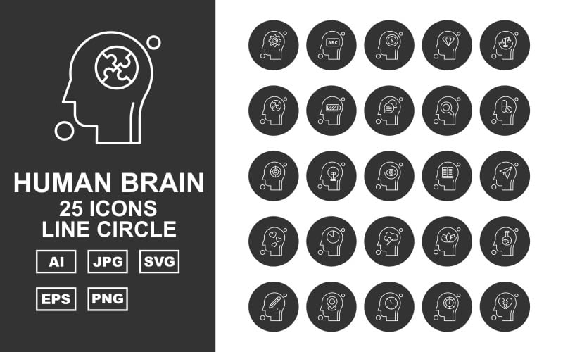 Download Набор иконок "25 Premium Human Brain Line Circle Icon Set" / 25 Premium Human Brain Line Circle Icon Set - Набор иконок на тему medical setting,bulb,flower,test tube,pencil,location,clock,speed meter,heart broken,abc,dollar sign,diamond,balance,puzzle,mobile battery,chat,find,medicine,swimming tube,eye