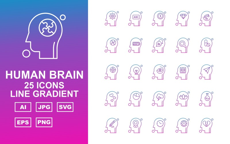 Download Набор иконок "25 Premium Human Brain Line Gradient Icon Set" / 25 Premium Human Brain Line Gradient Icon Set - Набор иконок на тему medical setting,bulb,flower,test tube,pencil,location,clock,speed meter,heart broken,abc,dollar sign,diamond,balance,puzzle,mobile battery,chat,find,medicine,swimming tube,eye
