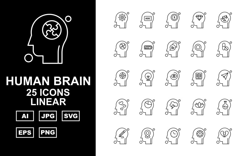 Download Набор иконок "25 Premium Human Brain Linear Icon Set" / 25 Premium Human Brain Linear Icon Set - Набор иконок на тему medical setting,bulb,flower,test tube,pencil,location,clock,speed meter,heart broken,abc,dollar sign,diamond,balance,puzzle,mobile battery,chat,find,medicine,swimming tube,eye
