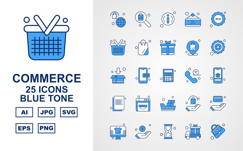 Download Набор иконок "25 Premium Shopping And Commerce Blue Tone Icon Set" / 25 Premium Shopping And Commerce Blue Tone Icon Set - Набор иконок на тему shopping bag,coding,atm card,lcd,dollar,hourglass,van,female bag,search,about,label,new,basket,gift,location,star,box,calculator,icon,icons