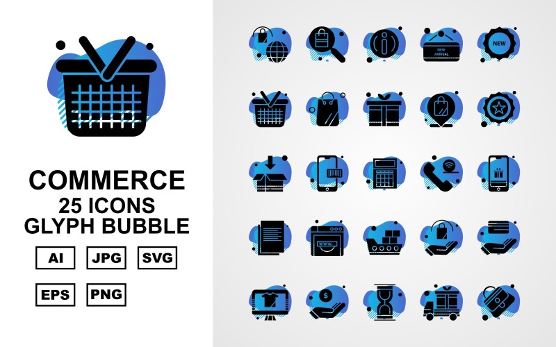 Download Набор иконок "25 Premium Shopping And Commerce Glyph Bubble Icon Set" / 25 Premium Shopping And Commerce Glyph Bubble Icon Set - Набор иконок на тему shopping bag,coding,atm card,lcd,dollar,hourglass,van,female bag,search,about,label,new,basket,gift,location,star,box,calculator,icon,icons