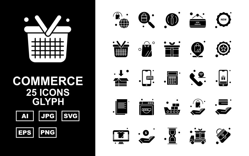 Download Набор иконок "25 Premium Shopping And Commerce Glyph Icon Set" / 25 Premium Shopping And Commerce Glyph Icon Set - Набор иконок на тему shopping bag,coding,atm card,lcd,dollar,hourglass,van,female bag,search,about,label,new,basket,gift,location,star,box,calculator,icon,icons