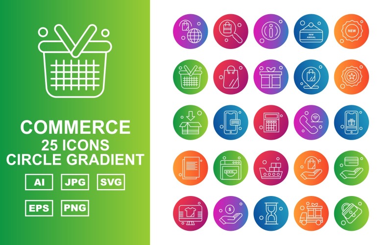 Download Набор иконок "25 Premium Shopping And Commerce Line Circle Gradient Icon Set" / 25 Premium Shopping And Commerce Line Circle Gradient Icon Set - Набор иконок на тему shopping bag,coding,atm card,lcd,dollar,hourglass,van,female bag,search,about,label,new,basket,gift,location,star,box,calculator,icon,icons