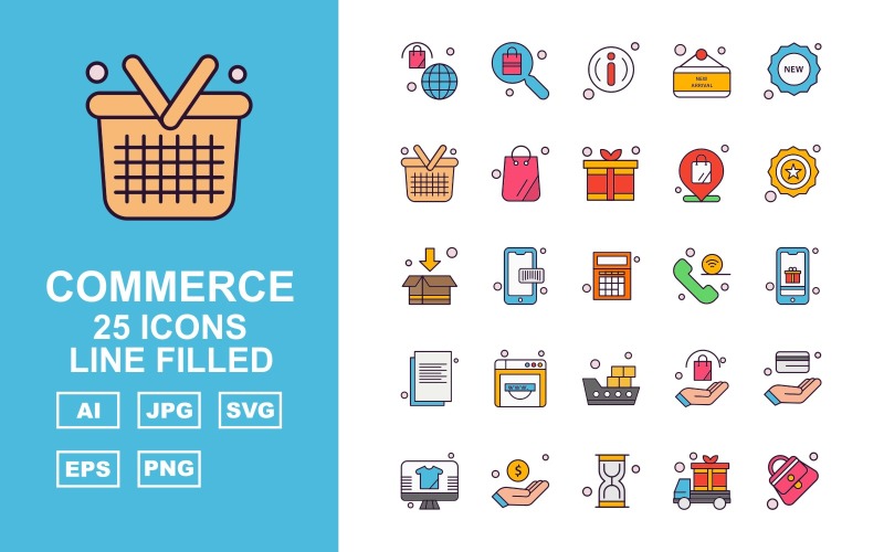 Download Набор иконок "25 Premium Shopping And Commerce Line Filled Icon Set" / 25 Premium Shopping And Commerce Line Filled Icon Set - Набор иконок на тему shopping bag,coding,atm card,lcd,dollar,hourglass,van,female bag,search,about,label,new,basket,gift,location,star,box,calculator,icon,icons
