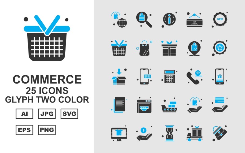 Download Набор иконок "25 Premium Shopping And Commerce Line Glyph Two Color Icon Set" / 25 Premium Shopping And Commerce Line Glyph Two Color Icon Set - Набор иконок на тему shopping bag,coding,atm card,lcd,dollar,hourglass,van,female bag,search,about,label,new,basket,gift,location,star,box,calculator,icon,icons