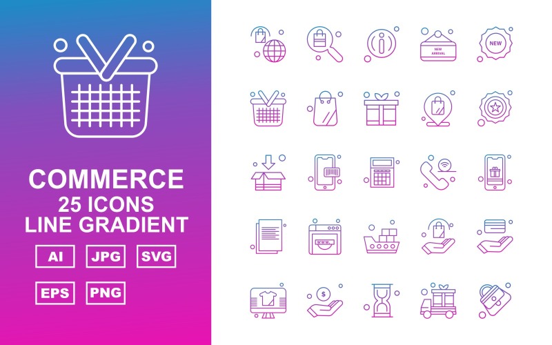 Download Набор иконок "25 Premium Shopping And Commerce Line Gradient Icon Set" / 25 Premium Shopping And Commerce Line Gradient Icon Set - Набор иконок на тему shopping bag,coding,atm card,lcd,dollar,hourglass,van,female bag,search,about,label,new,basket,gift,location,star,box,calculator,icon,icons