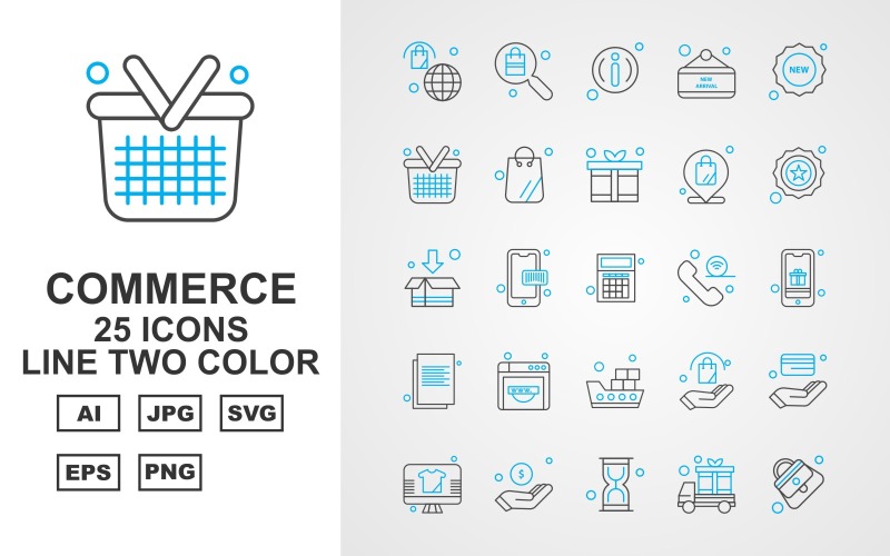 Download Набор иконок "25 Premium Shopping And Commerce Line Two Color Icon Set" / 25 Premium Shopping And Commerce Line Two Color Icon Set - Набор иконок на тему shopping bag,coding,atm card,lcd,dollar,hourglass,van,female bag,search,about,label,new,basket,gift,location,star,box,calculator,icon,icons