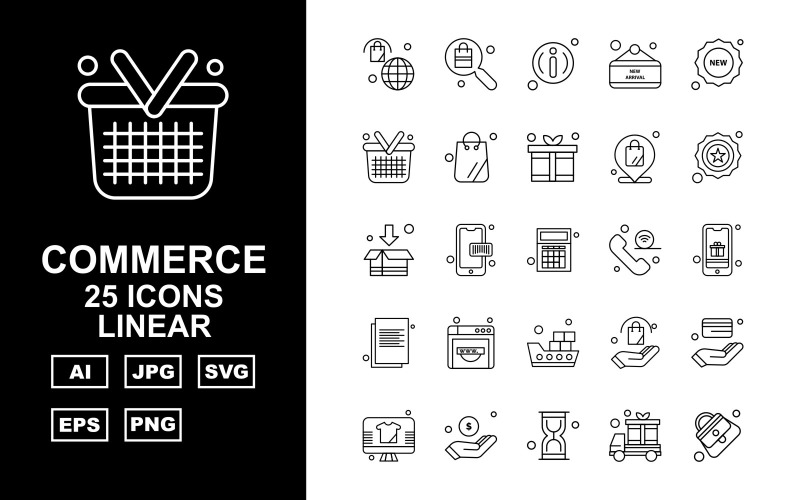Download Набор иконок "25 Premium Shopping And Commerce Linear Icon Set" / 25 Premium Shopping And Commerce Linear Icon Set - Набор иконок на тему shopping bag,coding,atm card,lcd,dollar,hourglass,van,female bag,search,about,label,new,basket,gift,location,star,box,calculator,icon,icons