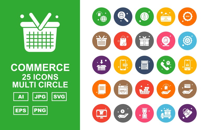 Download Набор иконок "25 Premium Shopping And Commerce Multi Circle Icon Set" / 25 Premium Shopping And Commerce Multi Circle Icon Set - Набор иконок на тему shopping bag,coding,atm card,lcd,dollar,hourglass,van,female bag,search,about,label,new,basket,gift,location,star,box,calculator,icon,icons