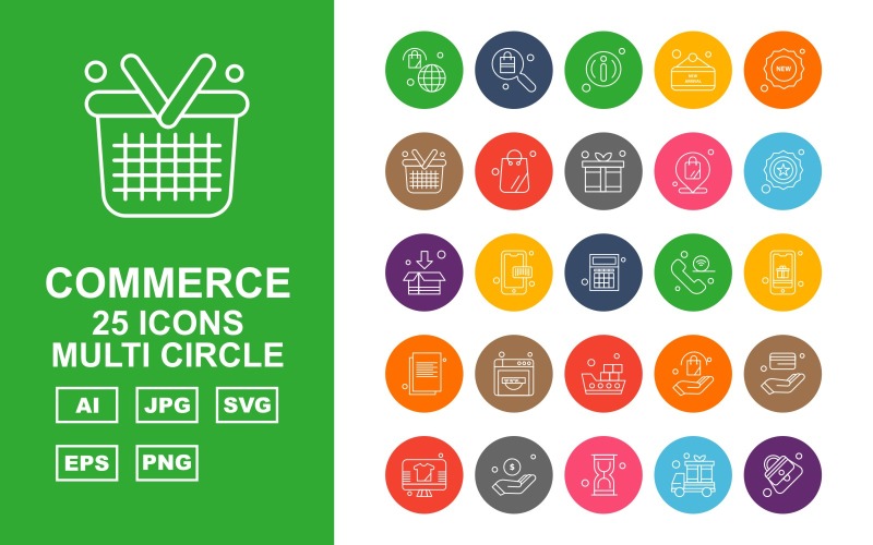 Download Набор иконок "25 Premium Shopping And Commerce Multi Circle Icon Set" / 25 Premium Shopping And Commerce Multi Circle Icon Set - Набор иконок на тему shopping bag,coding,atm card,lcd,dollar,hourglass,van,female bag,search,about,label,new,basket,gift,location,star,box,calculator,icon,icons
