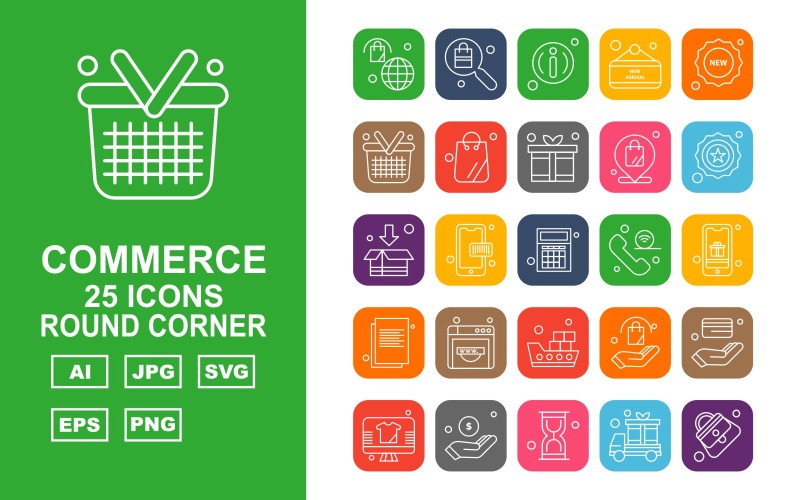 Download Набор иконок "25 Premium Shopping And Commerce Round Corner Icon Set" / 25 Premium Shopping And Commerce Round Corner Icon Set - Набор иконок на тему shopping bag,coding,atm card,lcd,dollar,hourglass,van,female bag,search,about,label,new,basket,gift,location,star,box,calculator,icon,icons