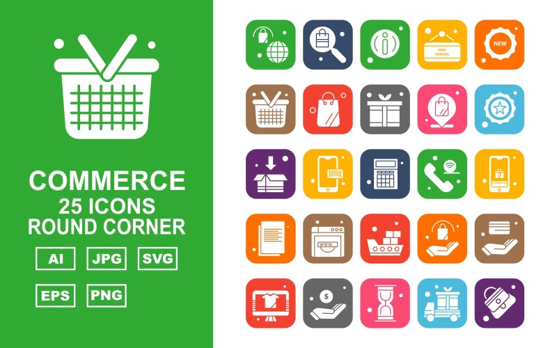 Download Набор иконок "25 Premium Shopping And Commerce Round Corner Icon Set" / 25 Premium Shopping And Commerce Round Corner Icon Set - Набор иконок на тему shopping bag,coding,atm card,lcd,dollar,hourglass,van,female bag,search,about,label,new,basket,gift,location,star,box,calculator,icon,icons