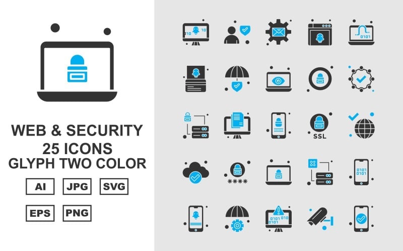 Download Набор иконок "25 Premium Web And Security Glyph Two Color Icon Set" / 25 Premium Web And Security Glyph Two Color Icon Set - Набор иконок на тему security display screen,lcd,server,mobile,setting,camera,avatar,message,browser,laptop,atm card,shield,lock,check,earth,icon,icons