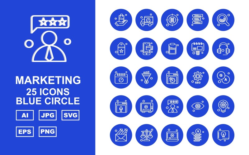 25 Conjunto de ícones de círculo azul de marketing premium