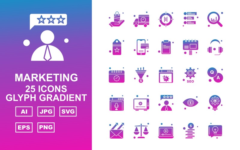 25 Conjunto de ícones de gradiente de glifo de marketing premium