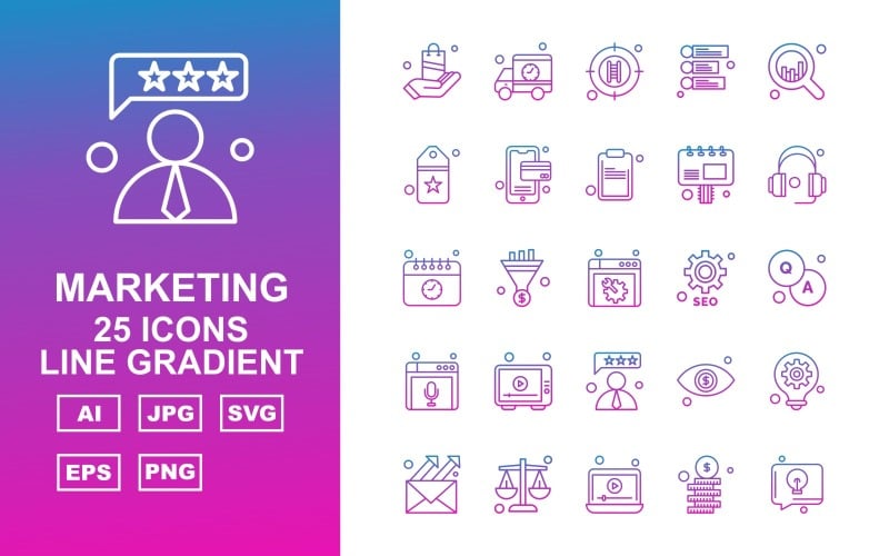 25 Conjunto de ícones de gradiente de linha de marketing premium