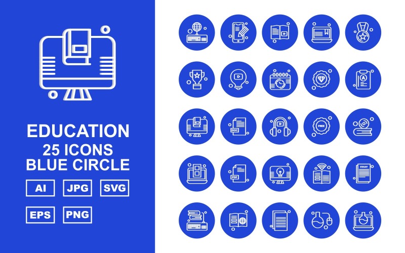 25 Conjunto de iconos de círculo azul de educación premium