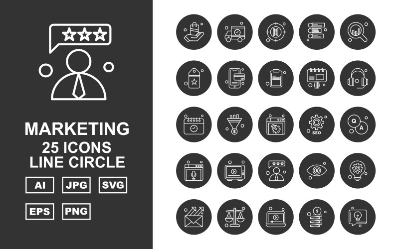 25 Conjunto de iconos de círculo de línea de marketing premium