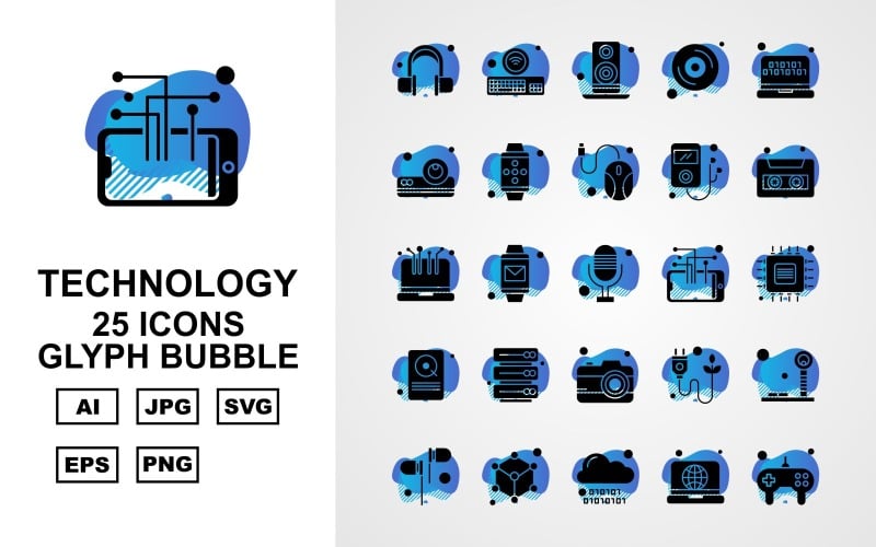 Ensemble d'icônes de 25 bulles de glyphe de technologie Premium
