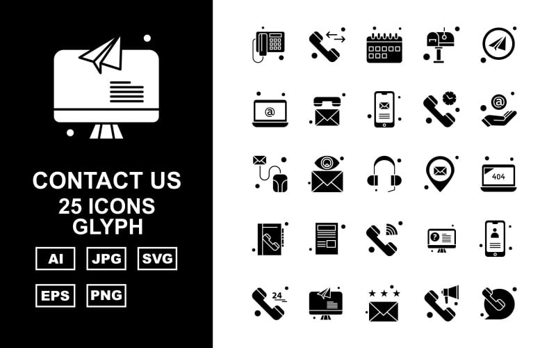 Download Набор иконок "25 Premium Contact Us Glyph Icon Set" / 25 Premium Contact Us Glyph Icon Set - Набор иконок на тему business telephone,message,lcd,mobile,24 hours alert,email,loudspeaker,calendar,post box,send,at the rate sign,mouse,earphone,location,laptop,contact book,news paper