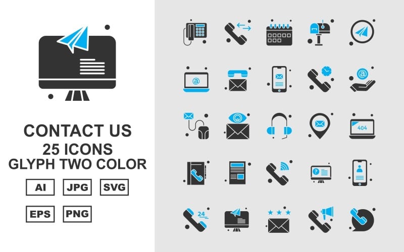Download Набор иконок "25 Premium Contact Us Glyph Two Color Icon Set" / 25 Premium Contact Us Glyph Two Color Icon Set - Набор иконок на тему business telephone,message,lcd,mobile,24 hours alert,email,loudspeaker,calendar,post box,send,at the rate sign,mouse,earphone,location,laptop,contact book,news paper