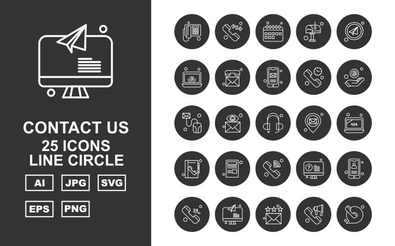 Download Набор иконок "25 Premium Contact Us Line Circle Icon Set" / 25 Premium Contact Us Line Circle Icon Set - Набор иконок на тему business telephone,message,lcd,mobile,24 hours alert,email,loudspeaker,calendar,post box,send,at the rate sign,mouse,earphone,location,laptop,contact book,news paper