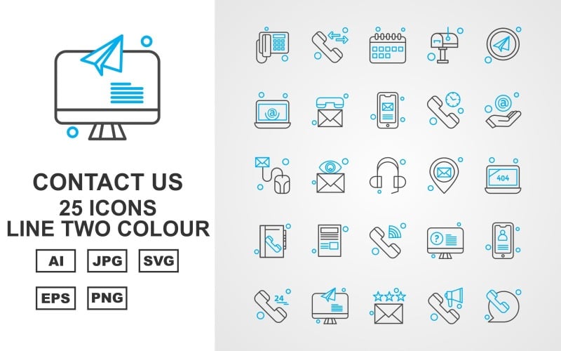 Download Набор иконок "25 Premium Contact Us Line Two Color Icon Set" / 25 Premium Contact Us Line Two Color Icon Set - Набор иконок на тему business telephone,message,lcd,mobile,24 hours alert,email,loudspeaker,calendar,post box,send,at the rate sign,mouse,earphone,location,laptop,contact book,news paper