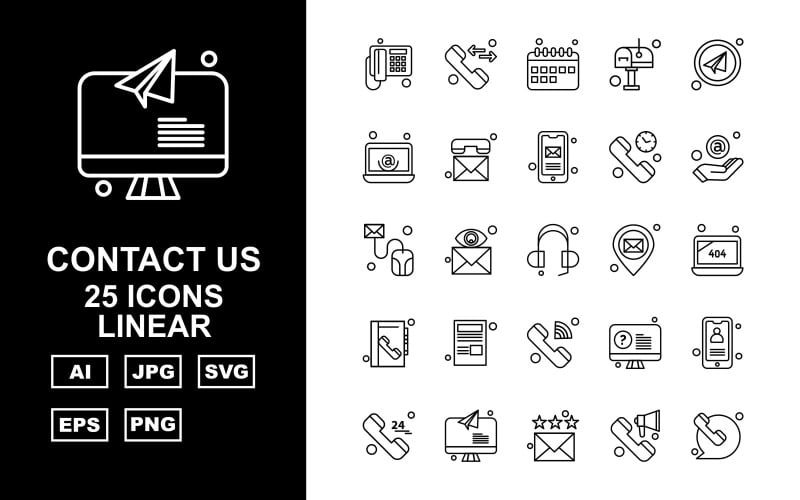 Download Набор иконок "25 Premium Contact Us Linear Icon Set" / 25 Premium Contact Us Linear Icon Set - Набор иконок на тему business telephone,message,lcd,mobile,24 hours alert,email,loudspeaker,calendar,post box,send,at the rate sign,mouse,earphone,location,laptop,contact book,news paper
