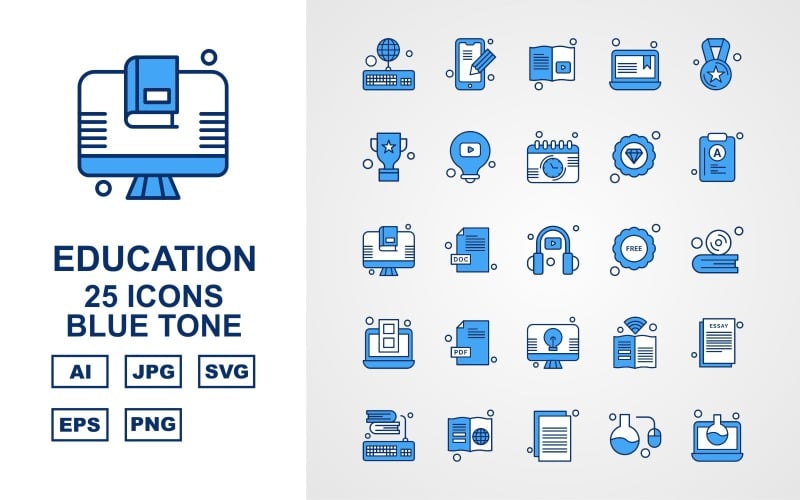 Download Набор иконок "25 Premium Education Blue Tone Icon Set" / 25 Premium Education Blue Tone Icon Set - Набор иконок на тему science keyboard,doc file,book,document,test tube,laptop,mobile,learning,award,trophy,bulb,calendar,diamond,lcd,headphone,free,cd,icon,icons