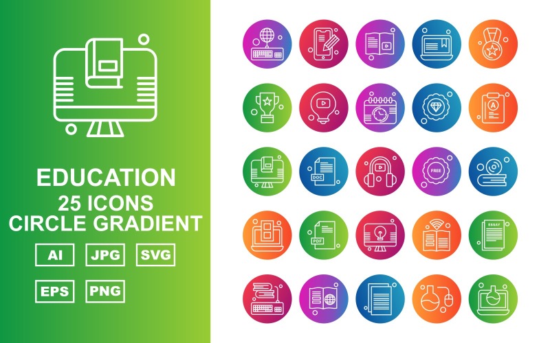 Download Набор иконок "25 Premium Education Circle Gradient Icon Set" / 25 Premium Education Circle Gradient Icon Set - Набор иконок на тему science keyboard,doc file,book,document,test tube,laptop,mobile,learning,award,trophy,bulb,calendar,diamond,lcd,headphone,free,cd,icon,icons