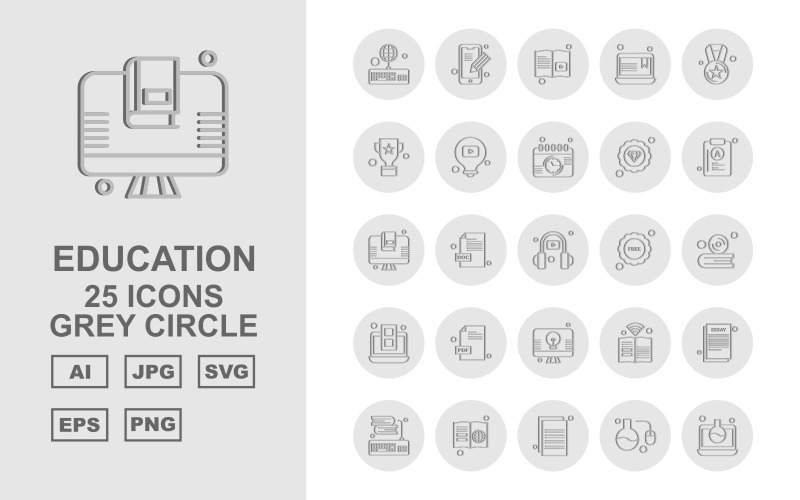 Download Набор иконок "25 Premium Education Grey Circle Icon Set" / 25 Premium Education Grey Circle Icon Set - Набор иконок на тему science keyboard,doc file,book,document,test tube,laptop,mobile,learning,award,trophy,bulb,calendar,diamond,lcd,headphone,free,cd,icon,icons