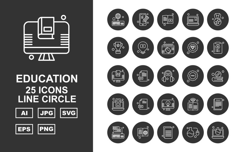 Download Набор иконок "25 Premium Education Line Circle Icon Set" / 25 Premium Education Line Circle Icon Set - Набор иконок на тему science keyboard,doc file,book,document,test tube,laptop,mobile,learning,award,trophy,bulb,calendar,diamond,lcd,headphone,free,cd,icon,icons