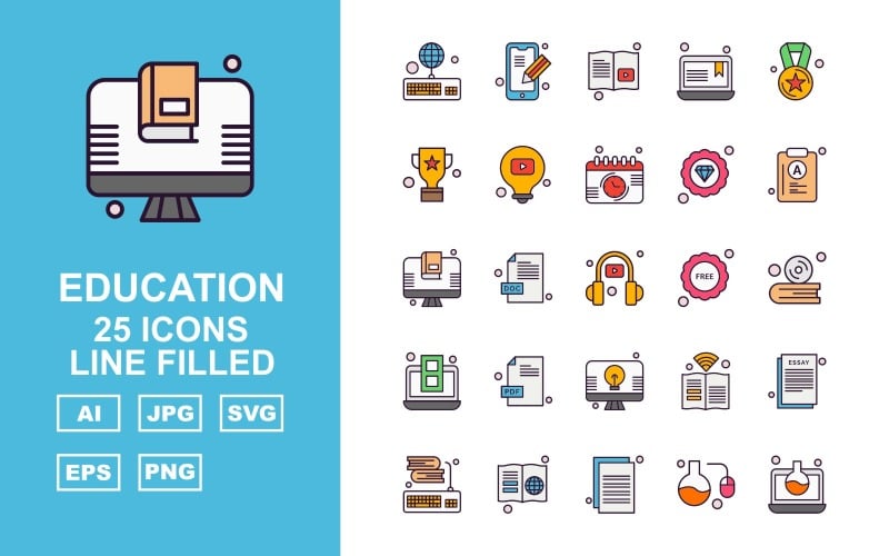 Download Набор иконок "25 Premium Education Line Filled Icon Set" / 25 Premium Education Line Filled Icon Set - Набор иконок на тему science keyboard,doc file,book,document,test tube,laptop,mobile,learning,award,trophy,bulb,calendar,diamond,lcd,headphone,free,cd,icon,icons