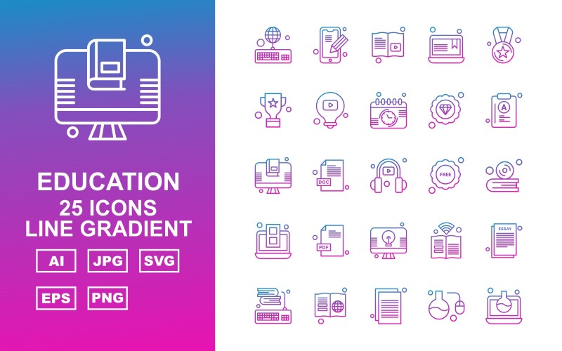 25 Premium Education Line Gradient Icon Set