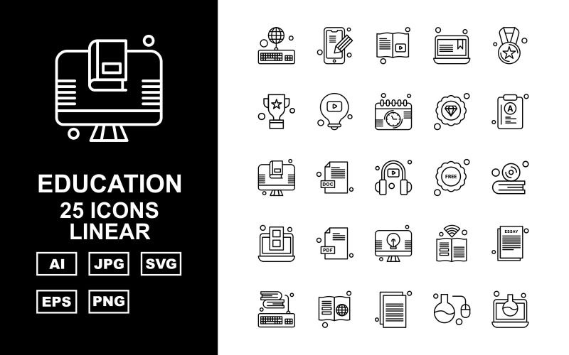Download Набор иконок "25 Premium Education Linear Icon Set" / 25 Premium Education Linear Icon Set - Набор иконок на тему science keyboard,doc file,book,document,test tube,laptop,mobile,learning,award,trophy,bulb,calendar,diamond,lcd,headphone,free,cd,icon,icons