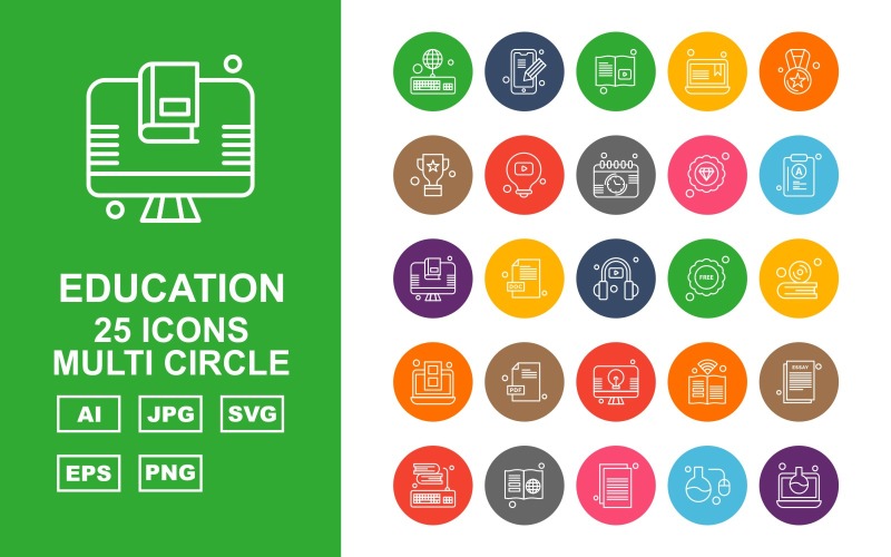 Download Набор иконок "25 Premium Education Multi Circle Icon Set" / 25 Premium Education Multi Circle Icon Set - Набор иконок на тему science keyboard,doc file,book,document,test tube,laptop,mobile,learning,award,trophy,bulb,calendar,diamond,lcd,headphone,free,cd,icon,icons