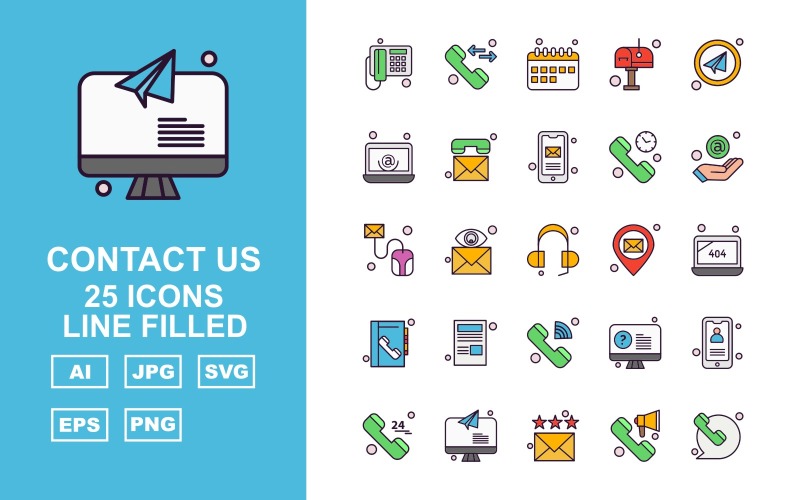 25 Premium Kontakta oss Line Filled Icon Set