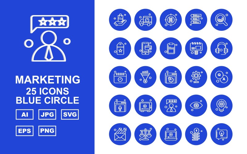 Download Набор иконок "25 Premium Marketing Blue Circle Icon Set" / 25 Premium Marketing Blue Circle Icon Set - Набор иконок на тему business shopping bag,marketing,eye,bulb,email,balance,laptop,coin,van,stairs,info,marketing analysis,tag,mobile,copywriting,headphone,calendar,website,setting,question
