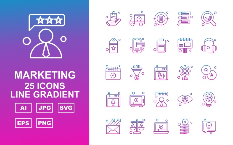 Download Набор иконок "25 Premium Marketing Line Gradient Icon Set" / 25 Premium Marketing Line Gradient Icon Set - Набор иконок на тему business shopping bag,marketing,eye,bulb,email,balance,laptop,coin,van,stairs,info,marketing analysis,tag,mobile,copywriting,headphone,calendar,website,setting,question