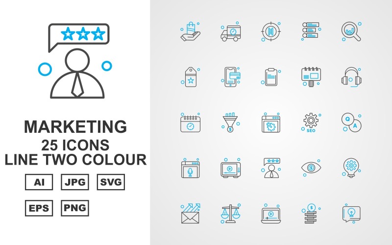 Download Набор иконок "25 Premium Marketing Line Two Color Icon Set" / 25 Premium Marketing Line Two Color Icon Set - Набор иконок на тему business shopping bag,marketing,eye,bulb,email,balance,laptop,coin,van,stairs,info,marketing analysis,tag,mobile,copywriting,headphone,calendar,website,setting,question