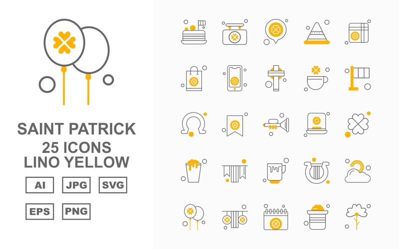 Download Набор иконок "25 Premium Saint Patrick Lino Yellow Icon Set" / 25 Premium Saint Patrick Lino Yellow Icon Set - Набор иконок на тему shopping birthday cake,card,harp,rainbow,balloon,garland,calendar,pot,flower,board,location,cap,gift,shopping bag,mobile,christ,clover,flag,horseshoe,icon