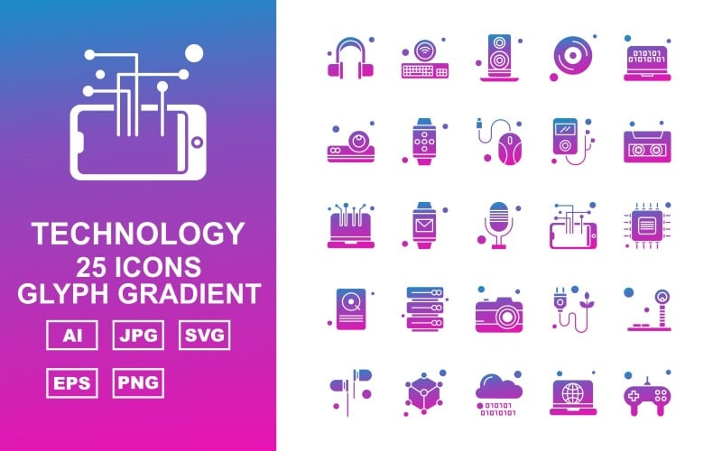 Download Набор иконок "25 Premium Technology Glyph Gradient Icon Set" / 25 Premium Technology Glyph Gradient Icon Set - Набор иконок на тему game headphone,watch,plug,tower signal,earphone,tambourine,cloud,laptop,game controller,keyboard,speaker,cd,projector,mobile watch,mouse,mp3,cassete,icon,icons