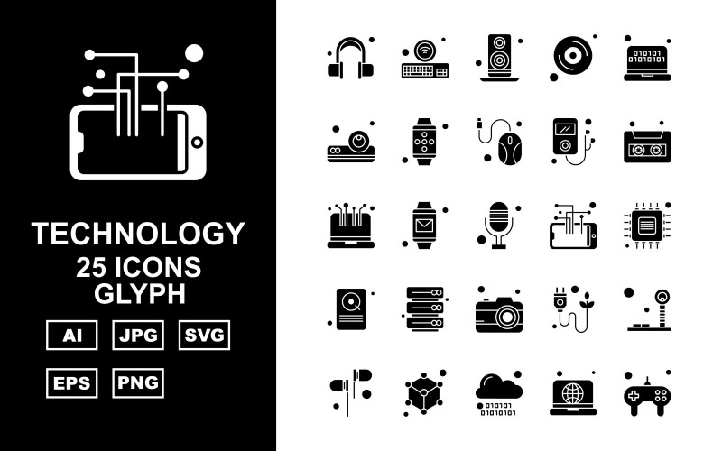 Download Набор иконок "25 Premium Technology Glyph Icon Set" / 25 Premium Technology Glyph Icon Set - Набор иконок на тему game headphone,watch,plug,tower signal,earphone,tambourine,cloud,laptop,game controller,keyboard,speaker,cd,projector,mobile watch,mouse,mp3,cassete,icon,icons