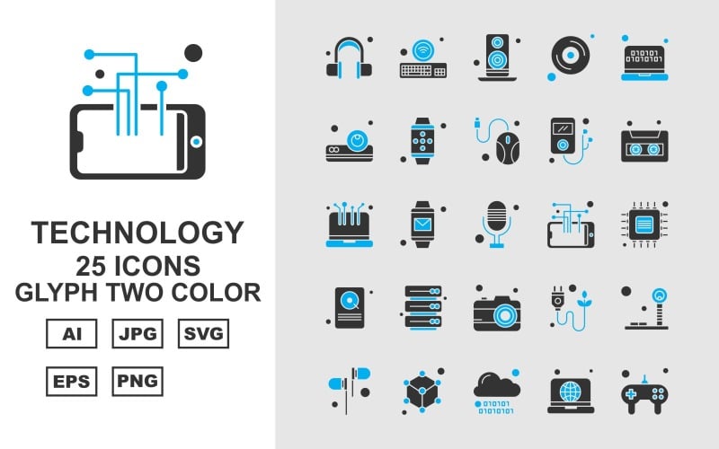 Download Набор иконок "25 Premium Technology Glyph Two Color Icon Set" / 25 Premium Technology Glyph Two Color Icon Set - Набор иконок на тему game headphone,watch,plug,tower signal,earphone,tambourine,cloud,laptop,game controller,keyboard,speaker,cd,projector,mobile watch,mouse,mp3,cassete,icon,icons