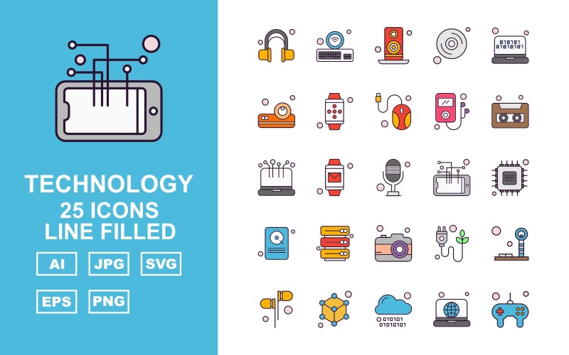 Download Набор иконок "25 Premium Technology Line Filled Icon Set" / 25 Premium Technology Line Filled Icon Set - Набор иконок на тему game headphone,watch,plug,tower signal,earphone,tambourine,cloud,laptop,game controller,keyboard,speaker,cd,projector,mobile watch,mouse,mp3,cassete,icon,icons
