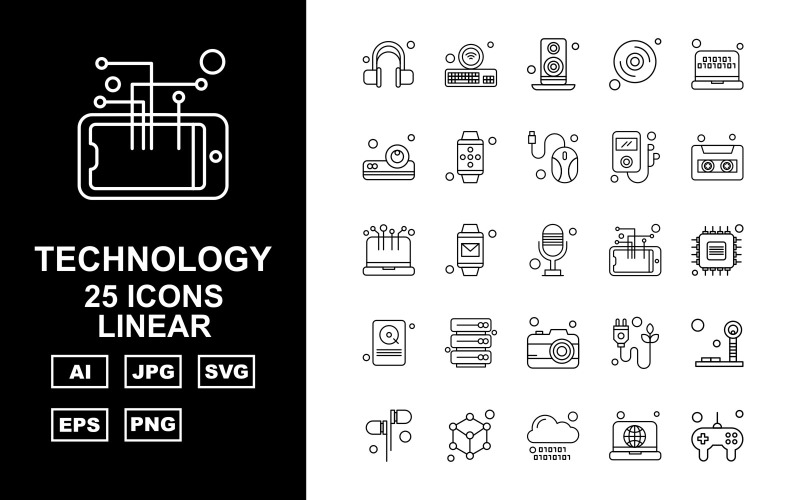 Download Набор иконок "25 Premium Technology Linear Icon Set" / 25 Premium Technology Linear Icon Set - Набор иконок на тему game headphone,watch,plug,tower signal,earphone,tambourine,cloud,laptop,game controller,keyboard,speaker,cd,projector,mobile watch,mouse,mp3,cassete,icon,icons