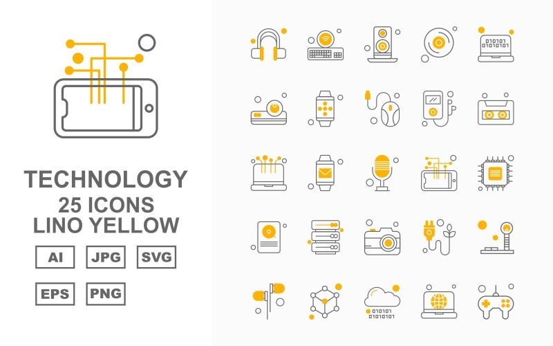 Download Набор иконок "25 Premium Technology Lino Yellow Icon Set" / 25 Premium Technology Lino Yellow Icon Set - Набор иконок на тему game headphone,watch,plug,tower signal,earphone,tambourine,cloud,laptop,game controller,keyboard,speaker,cd,projector,mobile watch,mouse,mp3,cassete,icon,icons